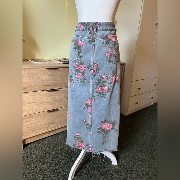 Vintage Cotton Denim Pink Wild Rose Floral Midi Maxi Side Slit High-Waist Skirt - Picture 12 of 16
